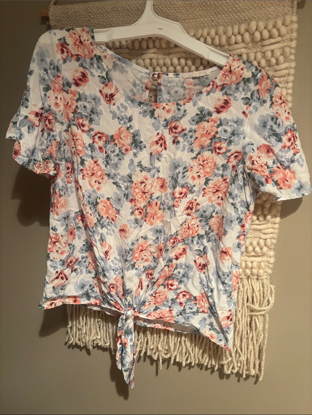 Women’s Floral Tie-Front Top — White with Pink & Blue Floral Print